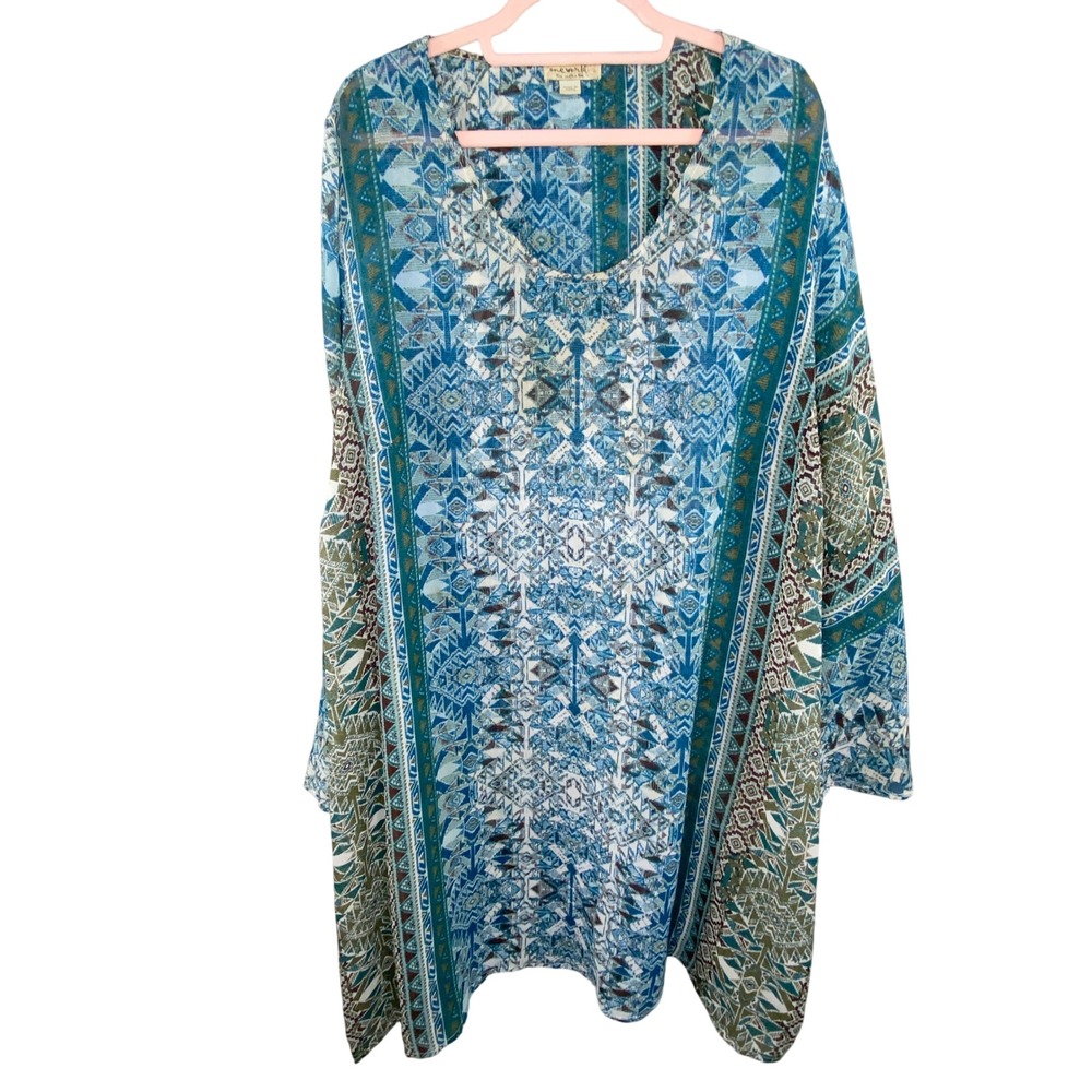 One World‎ Tunic Top Womens L Blue Geometric Mesh Flowy Bell Sleeve Boho Indie